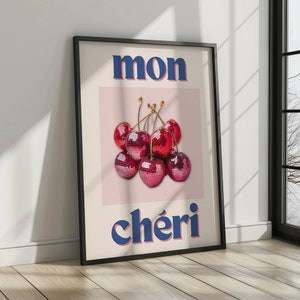 Mon Cheri Disco Ball Cerezas / Impresión de arte de pared retro de los años 70 / Cartel de la casa de moda / Estética roja / Cartel de la casa de verano / Arte preppy vintage