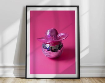 Pink Cowgirl Hat Disco Ball Poster | Country Western Aesthetic | Western Wall Art Print | Cowgirl Print | Vintage Retro Art | Pink Aesthetic