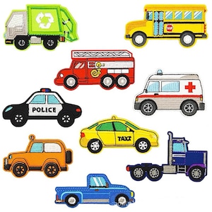 May include: A selection of embroidered vehicle patches. Includes a green refuse truck, yellow school bus, red fire engine, police car, ambulance, yellow taxi, orange jeep, blue semi-truck, and blue pickup truck.