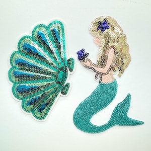 Set van 2 zeemeermin opstrijkbare patches 6" lovertjes zeemeermin patch Seashell opstrijkbare patch
