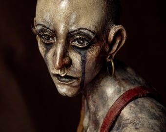 OOAK Gothic Art Doll The Sad Clown, Horned Companion Figure, Collectible Artist Doll, Paperclay
