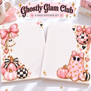 May include: Two lined notepads from the Ghostly Glam Club 4 page notepad set. The left notepad features a pink bow, a ghost, and three pumpkins. The right notepad displays a disco ball, a ghost with a pink bow, and two pumpkins.