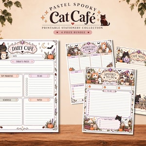 May include: A four-piece printable stationery collection titled Pastel Spooky Cat Cafe. The set includes a Daily Cafe planner, a Weekly Cafe planner, a Spooky To-Do list, and Cafe Notes, all featuring illustrations of cats, pumpkins, and ghosts.