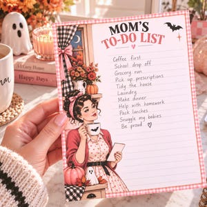 May include: A rectangular notepad with a pink gingham border titled MOM'S TO-DO LIST. It features an illustration of a person drinking from a bat-themed mug, surrounded by pumpkins and ghosts, with a list of daily tasks printed in black text.
