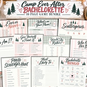 May include: A 10-page bachelorette party game bundle featuring a camp theme with pink and white stripes, pine tree illustrations, and red hearts. The set includes printed cards for games like Ever or Never, Scattergories, and Bachelorette Bingo.