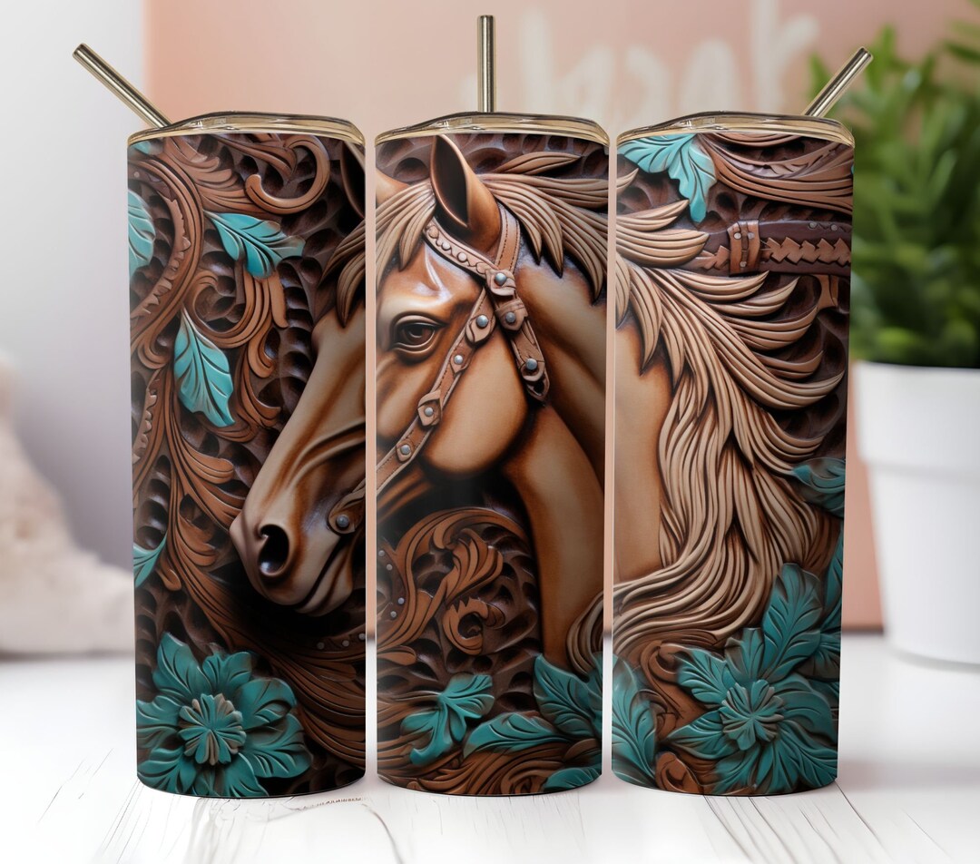 3D Tooled Leather Horse Tumbler Wrap 20oz Wood Engraved 20 Oz Skinny ...