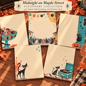 Puede incluir: Un juego de 20 blocs de notas imprimibles titulado Midnight on Maple Street Stationery Collection que incluye cinco blocs rectangulares con ilustraciones de Halloween, como gatos negros, niños y calabazas.