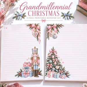 May include: Two white lined notepads featuring Christmas illustrations. The left notepad shows a nutcracker and gift boxes. The right notepad displays a decorated Christmas tree and gifts. Text at the top reads Grandmillennial CHRISTMAS 4 PAGE PRINTABLE NOTEPAD SET.