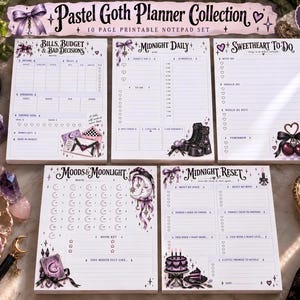 May include: A set of five rectangular paper notepads from a Pastel Goth Planner Collection. Each notepad features purple and black themed illustrations including bows, boots, cherries, moons, and tarot cards, with headers like Bills, Budget & Bad Decisions, Midnight Daily, Sweetheart To-Do, Moods & Moonlight, and Midnight Reset.