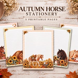 May include: Five printable stationery pages featuring autumn-themed horse illustrations, sunflowers, and gingham borders. The text reads AUTUMN HORSE STATIONERY 5 PRINTABLE PAGES. Each page includes horizontal lines for writing on a white background.