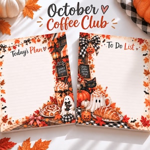 May include: Two rectangular paper notepads with lined pages, one titled Today's Plan and the other To Do List. Both feature autumn-themed borders with orange maple leaves, black bats, pumpkins, a black cat, a ghost, coffee drinks, and pastries.