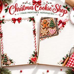 May include: A 7-page printable notepad set titled Christmas Cookie Shop, featuring lined paper decorated with illustrations of gingerbread cookies, candy canes, red bows, pine branches, and a whisk, with a red and white checkered pattern.