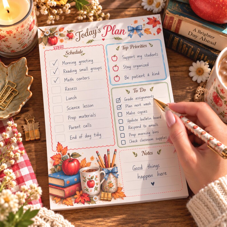 Notepad Add Checkbox Kindergarten Teacher Appreciation Gift Printable Planner Autumn Coffee ...