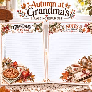 Puede incluir: Un juego de 4 blocs de notas titulado Autumn at Grandma's. Un bloc presenta el texto Grandma's To Do List con una lista de tareas, tarta de manzana y hojas de otoño. El otro bloc presenta Notes From Grandma con una taza y papelería.