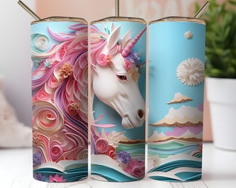 3D Einhorn Tumbler Wrap 20 oz Skinny Tumbler Sublimation Design Strand Tumbler Wrap PNG Pferd Tumbler Wrap Einhorn Geburtstag Rosa Tumbler Wrap