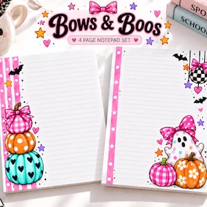 May include: Two lined notepads from a 4-page set titled Bows & Boos. The left notepad features a stack of three pumpkins with pink, orange, and teal colors decorated with bows and hearts. The right notepad shows a ghost and pumpkin with bows.