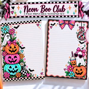 May include: A 4-page printable notepad set titled Neon Boo Club featuring lined paper with colorful Halloween illustrations including stacked pumpkins, ghosts, disco balls, flowers, bats, and bows in vibrant neon pink, orange, and teal colors.