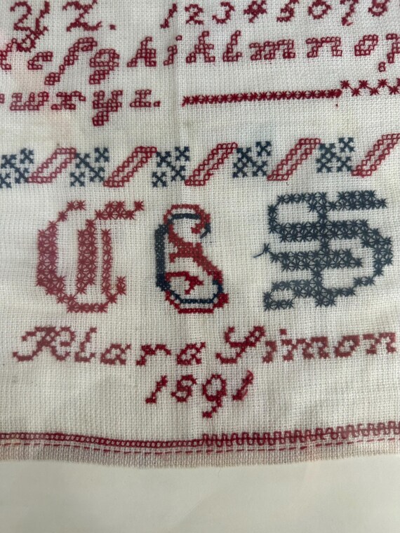 刺繍 フランス アンティーク サンプラー フレーム 1891年 ガラス入り