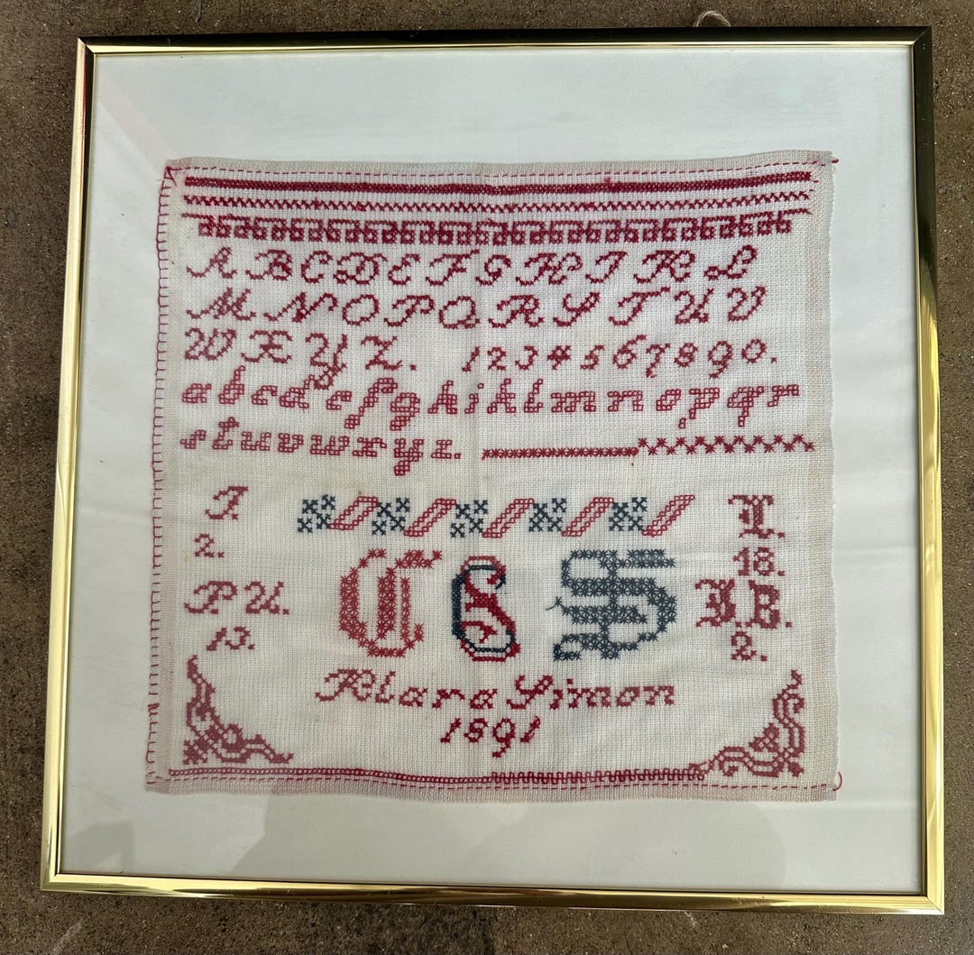 刺繍 フランス アンティーク サンプラー フレーム 1891年 ガラス入り