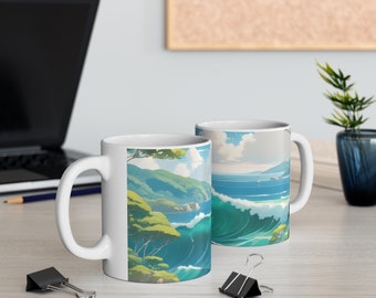 Waves Mug, Cute Coffee Mug, Ceramic Coffee Mug, Ceramic Tea Cup, Colorful Mug, Handmade Mug, Painting Mugs, 11oz Mug, Nature Lover Gifts