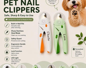 Personalized Pet Nail Clippers with LED Light | Dog & Cat Nail Trimmer | Safety Guard and Built-in Nail File | Grooming Gift for Pet Lovers