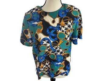 Christie & Jill Womens M Petite Silk Top Multicolor Graphic Vintage Blouse