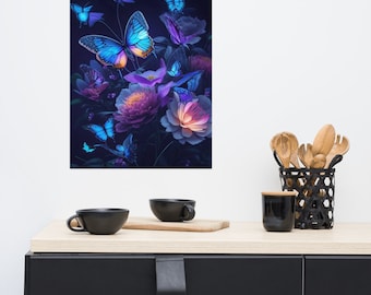 Custom Digitally Created Premium Neon Wall Art Poster! Stunning Butterflies and Flowers! Can You Picture This Beautiful Piece on Your Wall?