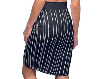 Women's Pencil Skirt (AOP), with Stylish Navy Blue, with White Vertical Pinstripes.
