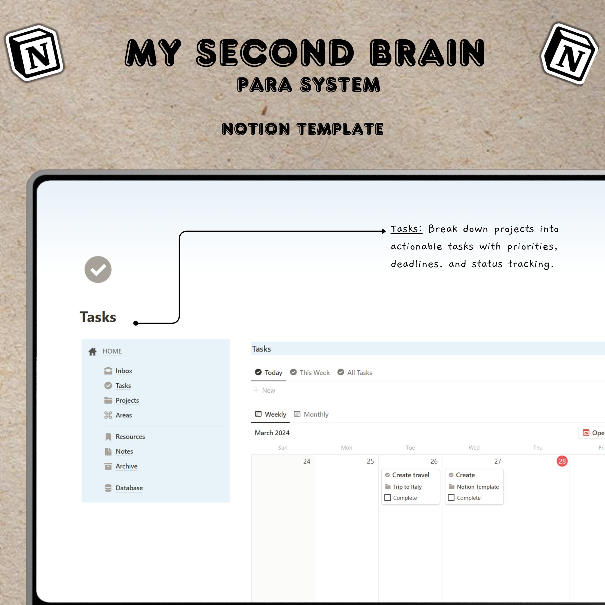 Second Brain PARA System Notion Template, All in One Notion Life ...