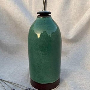 Handmade Ceramic Oil Pourer, Teal and Brown Pottery Bottle