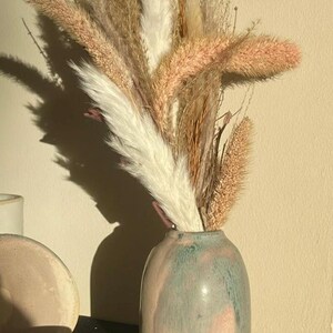 Handmade Ceramic Bud Vase, Unique Retro Decor, Flower Posy, White, Teal and Pink.