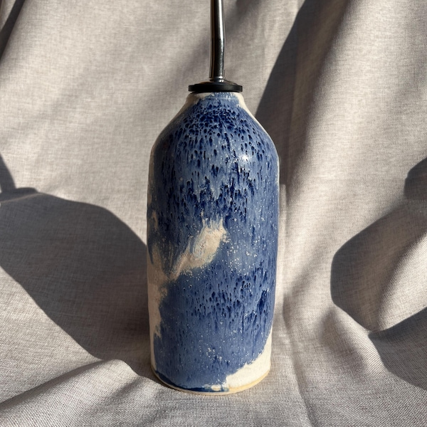 Handmade Ceramic Oil Pourer, Ocean Blue and White Kitchenware, Retro Dining, Oil Cruet Bottle