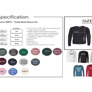 May include: A size chart for youth short sleeve t-shirts, showing the measurements for chest and length in inches. The chart includes sizes S, M, and L. The image also shows a variety of colors available for the t-shirts, including black, white, heather deep teal, athletic heather, dark heather, heather mauve, red, natural, and navy.