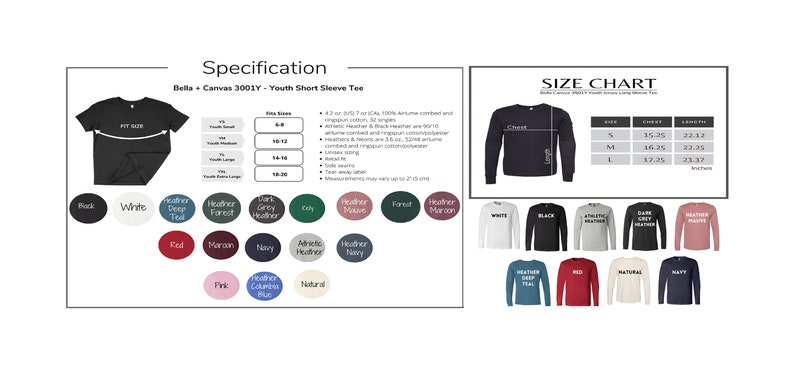 May include: A size chart for youth short sleeve t-shirts, showing the measurements for chest and length in inches. The chart includes sizes S, M, and L. The image also shows a variety of colors available for the t-shirts, including black, white, heather deep teal, athletic heather, dark heather, heather mauve, red, natural, and navy.
