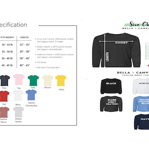 May include: Size chart for Bella + Canvas 3501T toddler jersey long sleeve tee. The chart shows the chest and length measurements in inches for sizes 2T, 3T, 4T, and 5T. The chart also shows the weight range for each size. The colors available are black, dark heather, heather blue, pink, and navy.