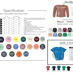May include: Size chart for Bella + Canvas 3001 Unisex Jersey T-Shirt and Bella + Canvas 3501 Unisex Jersey Long Sleeve Tee. The chart shows measurements in inches for different sizes, including XS, S, M, L, XL, 2XL, 3XL, and 4XL. The chart also includes a variety of colors for the shirts, including white, black, navy, pink, yellow, kelly, natural, maroon, heather maroon, heather country blue, heather navy, heather forest, rust orange, and heather deep teal.