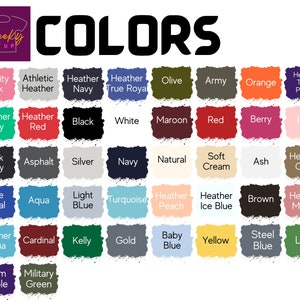 May include: A chart of 40 different color swatches for t-shirts. The colors are arranged in rows and columns, with the names of each color listed below the swatch. The colors include: Charity Pink, Athletic Heather, Heather Navy, Heather True Royal, Olive, Army, Orange, Heather Team Purple, Heather Kelly, Heather Red, Black, White, Maroon, Red, Berry, Pink, Dark Grey, Asphalt, Silver, Navy, Natural, Soft Cream, Ash, Heather Olive, True Royal, Aqua, Light Blue, Turquoise, Heather Peach, Heather Ice Blue, Brown, Heather Mauve, Heather Aqua, Cardinal, Kelly, Gold, Baby Blue, Yellow, Steel Blue, Leaf, Team Purple, Military Green.