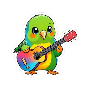 Pegatinas troqueladas de periquito colorido tocando la guitarra para amantes de la música. Calcomanías de pájaros adorables para portátiles, cuadernos, arte y decoración del hogar.