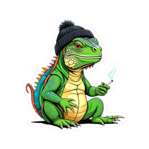 May include: A green iguana wearing a black beanie hat and holding a lit cigarette. The iguana has a yellow belly and orange and blue accents on its back.