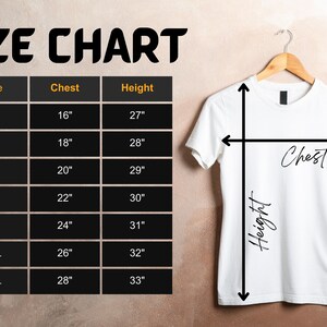 May include: Size chart for a t-shirt with measurements in inches for chest and height. The chart shows sizes XS through 3XL with corresponding chest and height measurements.