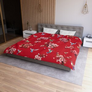 Cherry Blossoms with hand-painted Hummingbirds Duvet Cover. Bedding for Her, Gift for Daughter, Gift for Mom. Floral duvet. Bird blanket.