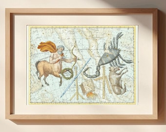 May include: A vintage illustration of the constellations Sagittarius and Scorpius. The image is in a light blue, yellow, and brown color scheme. The constellations are depicted as a centaur with a bow and arrow and a scorpion.