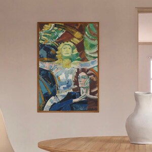 May include: A framed abstract painting featuring two women's faces. The painting is in shades of blue, green, yellow, and brown. The women's faces are stylised and have a geometric look.