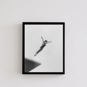 Black and White Woman Diving Photography Print -Graceful Dive Wall Art -swimming photography -female diver print -sports action photography