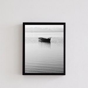 Black and White Boat in Lake Photography Print - Vintage Nautical Wall Art -Monochrome lake scene wall art - Minimalist lake view print