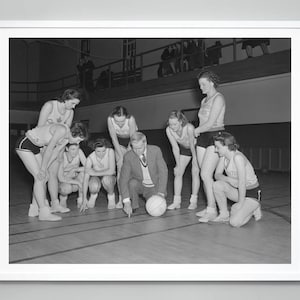 Vintage Black and White Photography Print: Canadian Women&#39;s Basketball Team in Discussion - Retro Sports Decor - Women&#39;s sports memorabilia