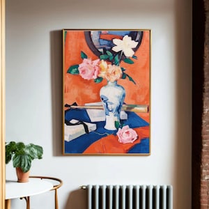 Roses in a Vase Against an Orange Background (c. 1925) by Samuel John Peploe Print |Scottish Colourist Still Life |Vibrant Floral Wall Art