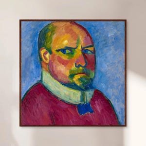 May include: A painting of a man's portrait. The man has a red, yellow, and green face with a blue background. He is wearing a white collar and a red shirt.