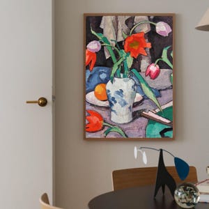 Still Life with Tulips and Fan (1923) by Samuel John Peploe Art Print | Scottish Colourist Still Life | Vintage Floral Wall Decor