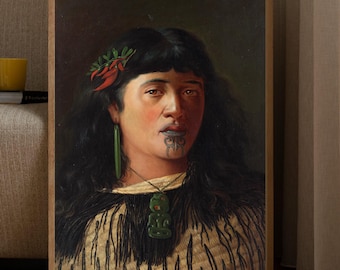 May include: A painting of a Maori woman with long black hair, wearing a traditional cloak and a green jade pendant. She has a red flower in her hair and a traditional Maori tattoo on her chin.